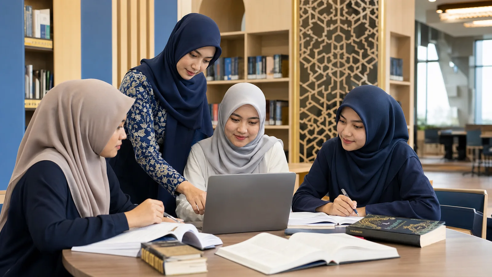 Mahasiswi berjilbab belajar bersama di fasilitas kampus UNISA