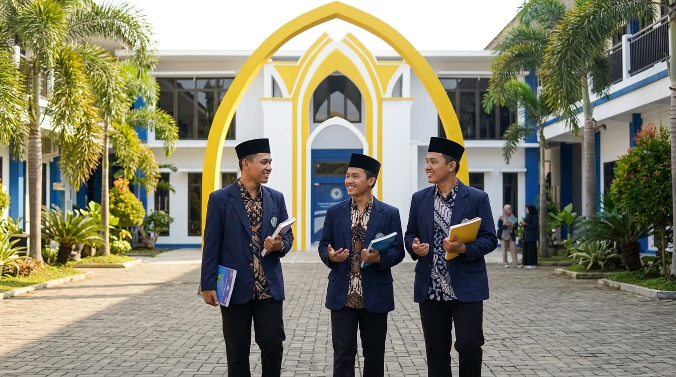 Mahasiswa UNISA berprestasi mengenakan jas almamater di lingkungan kampus